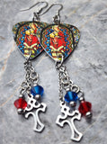 Virgin Mother Mary Stained Glass Guitar Pick Earrings with Charm and Swarovski Crystal Dangles
