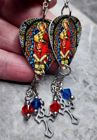 Virgin Mother Mary Stained Glass Guitar Pick Earrings with Charm and Swarovski Crystal Dangles