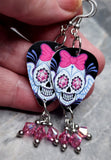 Skull with Wings and a Bow Guitar Pick Earrings with Pink AB Swarovski Crystal Dangles