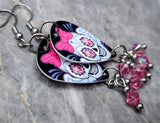 Skull with Wings and a Bow Guitar Pick Earrings with Pink AB Swarovski Crystal Dangles