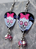 Skull with Wings and a Bow Guitar Pick Earrings with Pink AB Swarovski Crystal Dangles