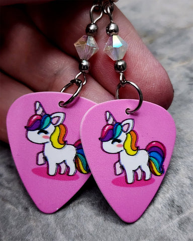 Cartoon Unicorn Guitar Pick Earrings with Clear ABx2 Swarovski Crystals