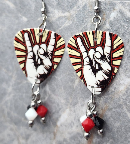 Rock n Roll Devil Horns Guitar Pick Earrings with Swarovski Crystal Dangles