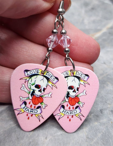 Love Never Dies Skull and Crossbones Guitar Pick Earrings with Pink Swarovski Crystals
