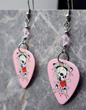 Love Never Dies Skull and Crossbones Guitar Pick Earrings with Pink Swarovski Crystals