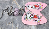 Love Never Dies Skull and Crossbones Guitar Pick Earrings with Pink Swarovski Crystals