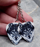 Black and White Wolf Dangling Guitar Pick Earrings