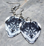 Black and White Wolf Dangling Guitar Pick Earrings