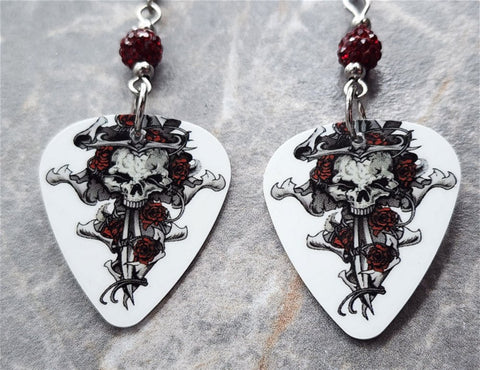Dagger and Skull Tatto Style Art Guitar Pick Earrings with Red Pave Beads