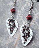 Dagger and Skull Tatto Style Art Guitar Pick Earrings with Red Pave Beads