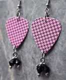 Pink and Black Small Houndstooth Pattern Guitar Pick Earrings with Black Swarovski Crystal Dangles