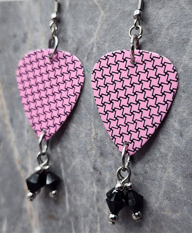 Pink and Black Small Houndstooth Pattern Guitar Pick Earrings with Black Swarovski Crystal Dangles