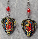 Virgin Mother Mary Stained Glass Guitar Pick Earrings with Red Swarovski Crystals