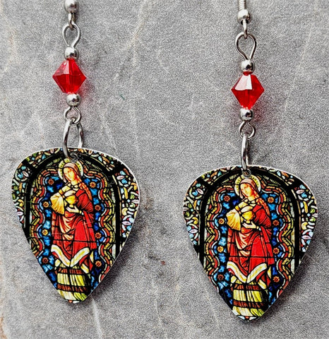 Virgin Mother Mary Stained Glass Guitar Pick Earrings with Red Swarovski Crystals