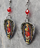Virgin Mother Mary Stained Glass Guitar Pick Earrings with Red Swarovski Crystals