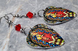 Virgin Mother Mary Stained Glass Guitar Pick Earrings with Red Swarovski Crystals