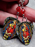 Virgin Mother Mary Stained Glass Guitar Pick Earrings with Red Swarovski Crystals