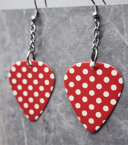 Dangling Red with White Polka Dots Guitar Pick Earrings