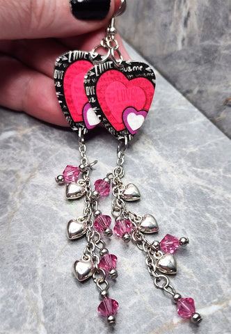 Lots of Hearts Guitar Pick Earrings with Stainless Steel Heart Charm and Pink Swarovski Crystal Dangles