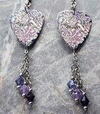 Piano Music Graffiti Inspired Guitar Pick Earrings with Purple Swarovski Crystal Dangles