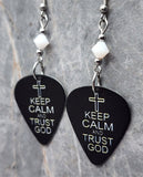 Keep Calm and Trust God Guitar Pick Earrings with White Swarovski Crystals