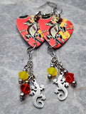 Australian Aboriginal Style Art Lizard Guitar Pick Earrings with Charm and Swarovski Crystal Dangles