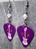 Pink and White Guitar on Purple Guitar Pick Earrings with Rose Water Opal Swarovski Crystals