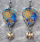 Geometric Ornate Circle Pattern Guitar Pick Earrings with Metallic Sunshine Swarovski Crystals