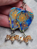 Geometric Ornate Circle Pattern Guitar Pick Earrings with Metallic Sunshine Swarovski Crystals