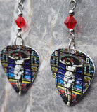 Jesus on the Cross Stained Glass Guitar Pick Earrings with Red Swarovski Crystals