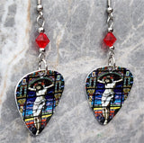 Jesus on the Cross Stained Glass Guitar Pick Earrings with Red Swarovski Crystals