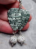 Hello Guitar Pick Earrings with White Pave Bead Dangles