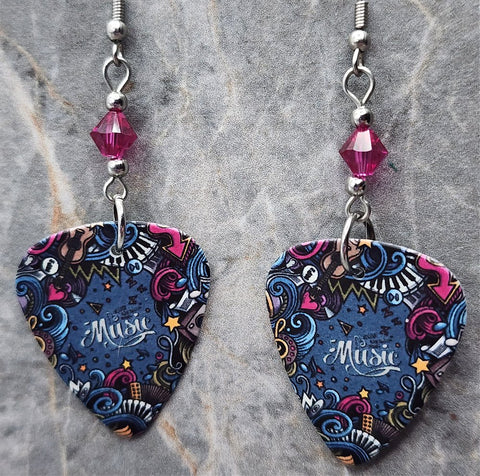 Music Inspired Graffiti Guitar Pick Earrings with Fuchsia Swarovski Crystals