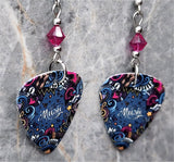 Music Inspired Graffiti Guitar Pick Earrings with Fuchsia Swarovski Crystals