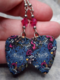 Music Inspired Graffiti Guitar Pick Earrings with Fuchsia Swarovski Crystals