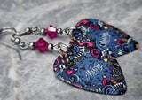 Music Inspired Graffiti Guitar Pick Earrings with Fuchsia Swarovski Crystals