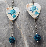 Sea Turtle Guitar Pick Earrings with Teal Pave Bead Dangles