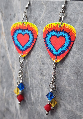 Tie Dyed Heart Guitar Pick Earrings with Swarovski Crystal Dangles