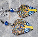 Tree of Life Guitar Pick Earrings with Capri Blue AB Swarovski Crystals