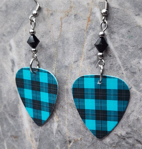 Teal and Black Plaid Guitar Pick Earrings with Black Swarovski Crystals