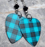 Teal and Black Plaid Guitar Pick Earrings with Black Swarovski Crystals