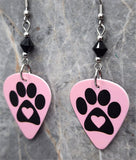 Paw Print and Heart on Pink Guitar Pick Earrings with Black Swarovski Crystals