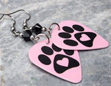 Paw Print and Heart on Pink Guitar Pick Earrings with Black Swarovski Crystals