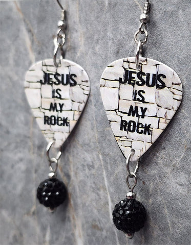 Jesus Is My Rock Guitar Pick Earrings with Black Pave Bead Dangles