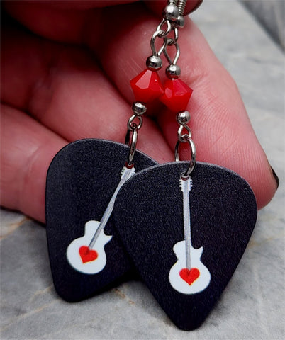 Acoustic Guitar with Heart Guitar Pick Earrings and Red Swarovski Crystals