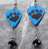Paw Print and Heart on Blue Guitar Pick Earrings with Black Swarovski Crystal Dangles