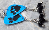 Paw Print and Heart on Blue Guitar Pick Earrings with Black Swarovski Crystal Dangles