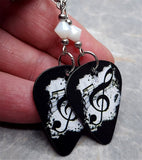 White and Black G Clef Guitar Pick Earrings with White Swarovski Crystals