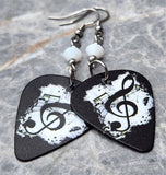 White and Black G Clef Guitar Pick Earrings with White Swarovski Crystals