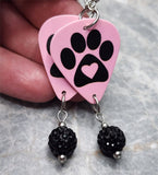 Paw Print and Heart on Pink Guitar Pick Earrings with Black Pave Bead Dangles
